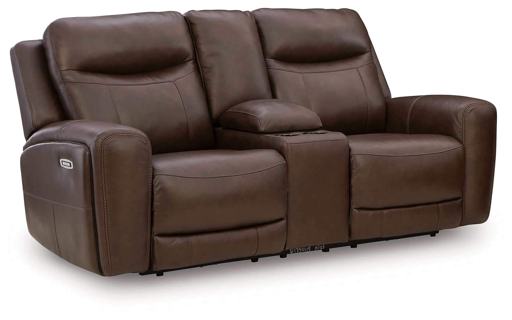 Dark brown power reclining loveseat with console, adjustable headrests, padded armrests.