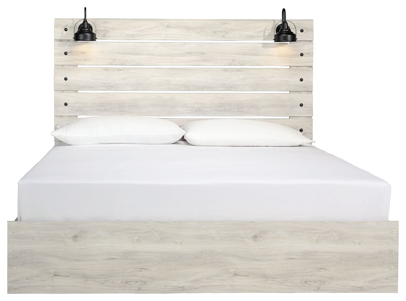 Light beige panel bed with slatted headboard, white mattress, and two black knob accents
