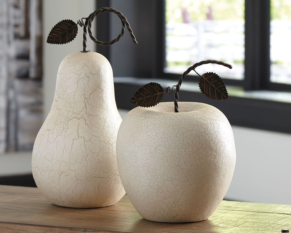 Set of 2 antique white crackle pear sculptures with black leaf cord tops