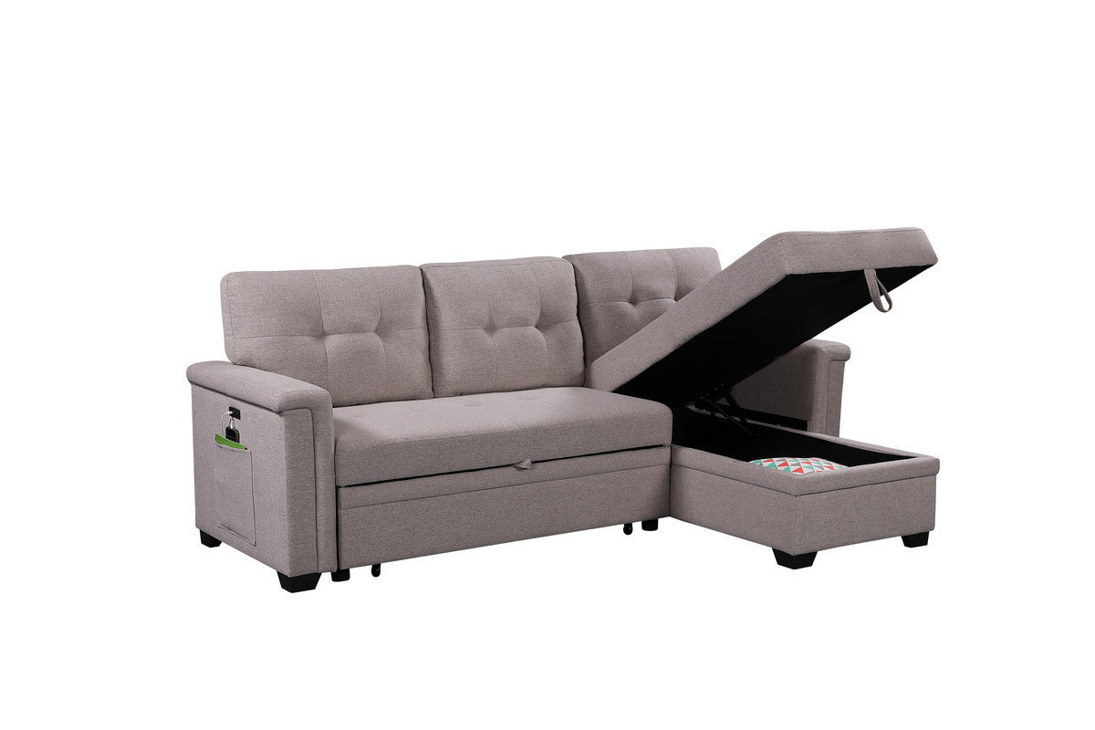 Nathan 84" Reversible Sleeper Sectional Sofa w/Storage, USB & Pocket - Light Gray