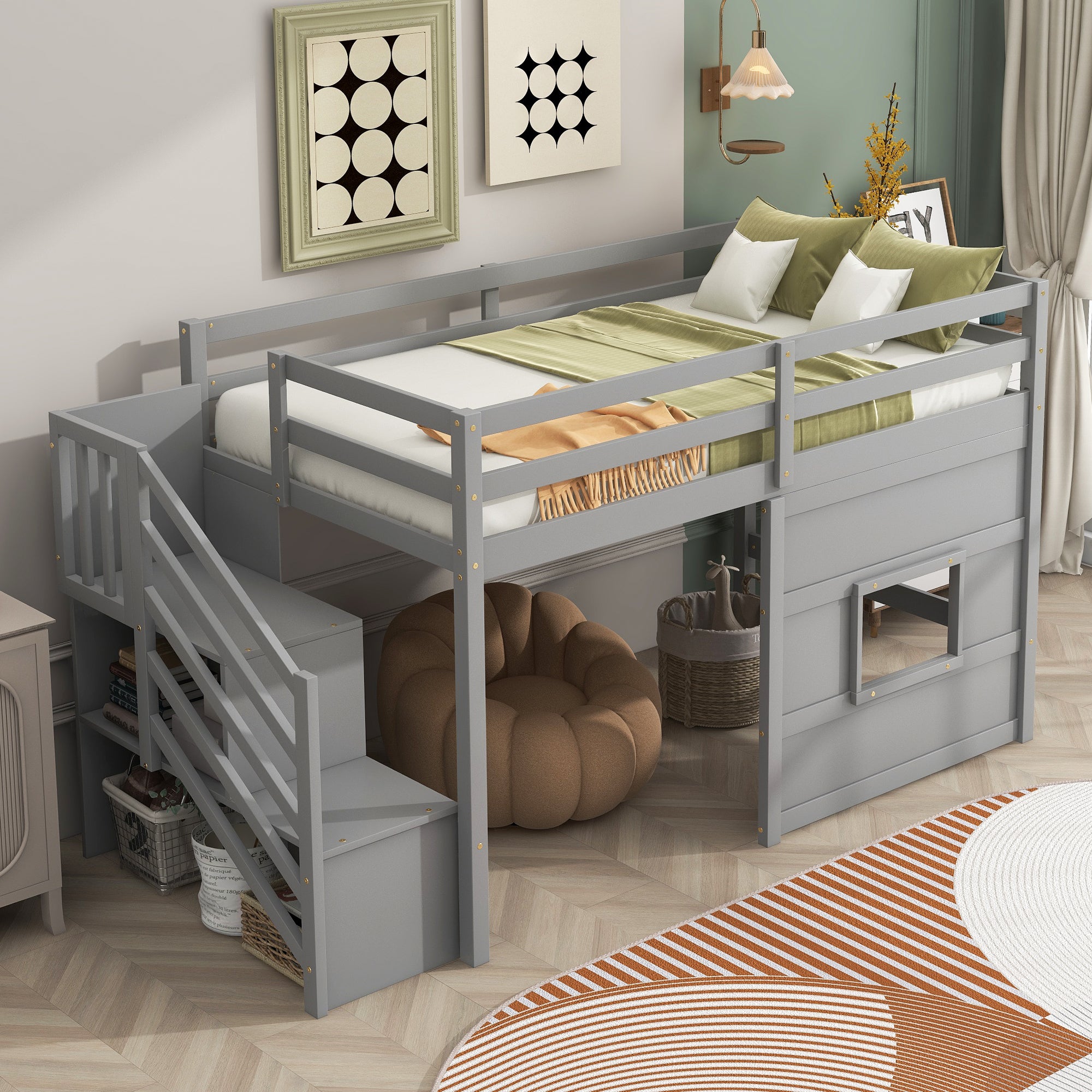 Twin Loft Bed w/ Storage Staircase, Window - Gray