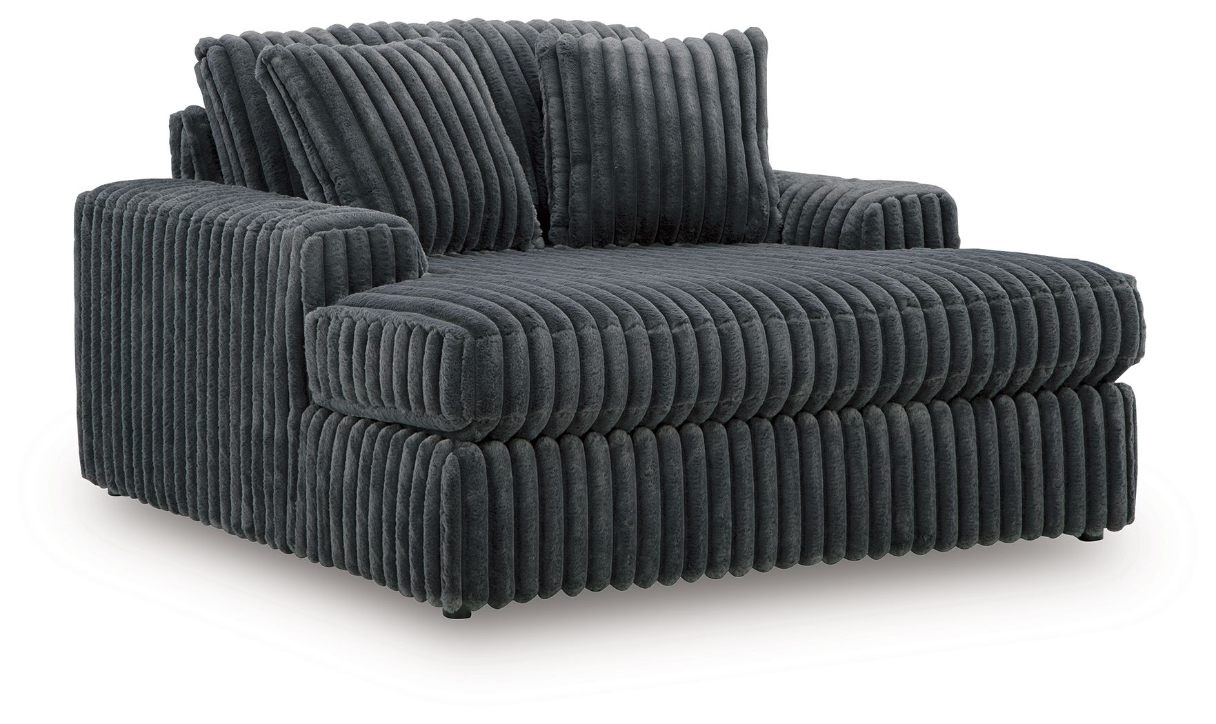 Oversized chaise with ribbed dark gray fabric, chaise-length seat and rounded arm.