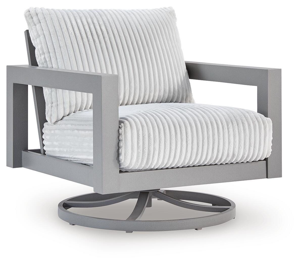Gray swivel chair with striped cushion and dark gray frame.