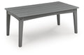 Gray rectangular cocktail table with slatted top and four tapered legs