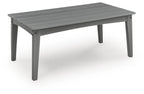 Gray rectangular cocktail table with slatted top and four tapered legs