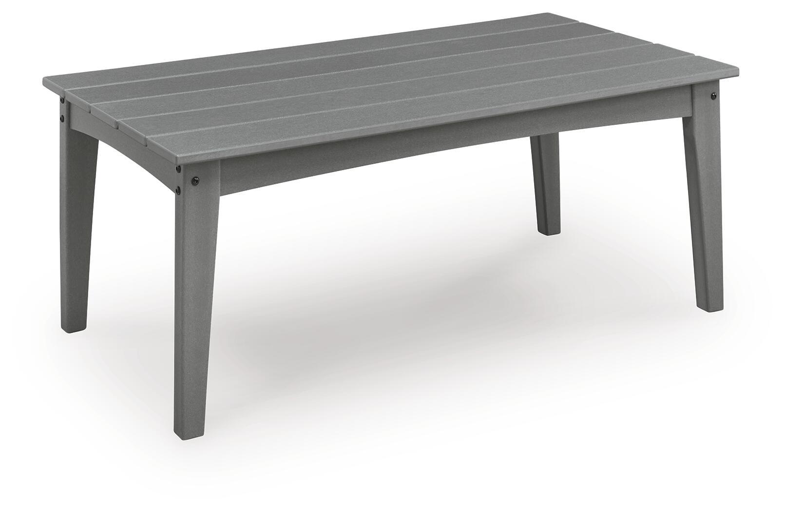Gray rectangular cocktail table with slatted top and four tapered legs