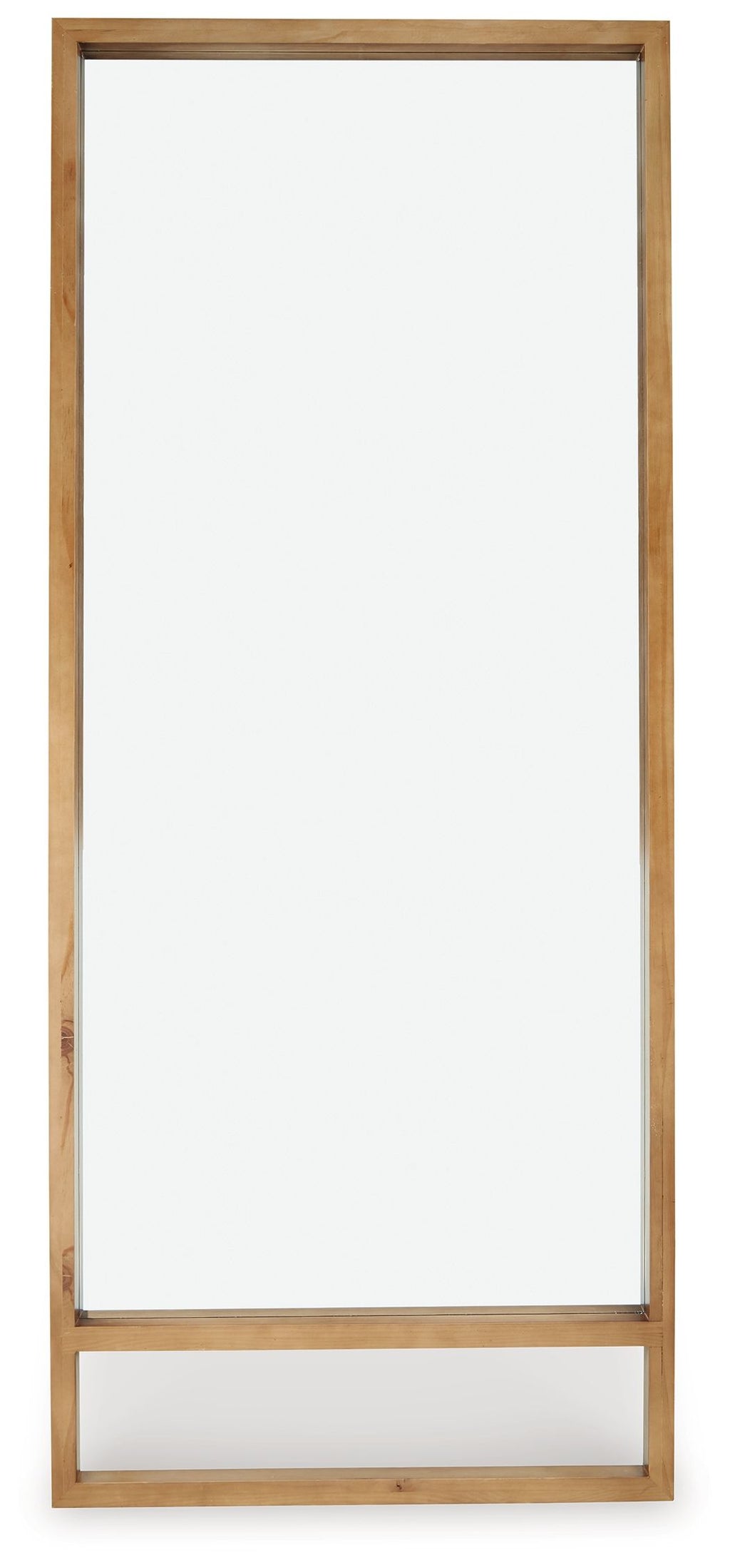 Brown wooden floor mirror frame with tall rectangular reflective glass