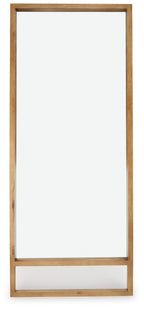 Brown wooden floor mirror frame with tall rectangular reflective glass