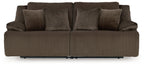 Chocolate brown reclining sectional with ribbed fabric, wide seat, and thick back cushions