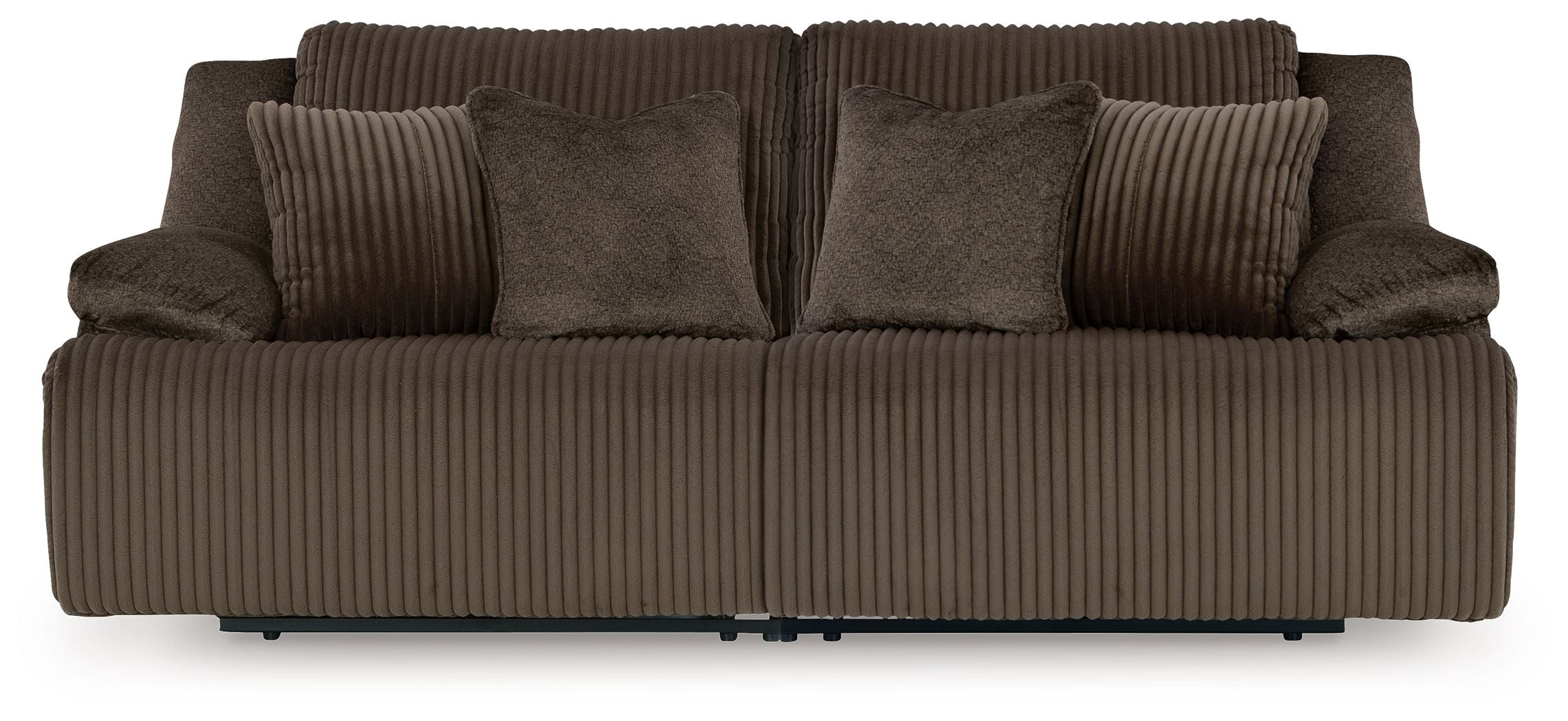 Chocolate brown reclining sectional with ribbed fabric, wide seat, and thick back cushions