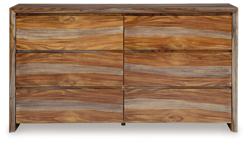 Brown wooden dresser with six drawer fronts and simple slab design