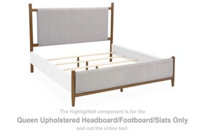 Queen upholstered headboard and slats bed frame with gray panel and brown frame