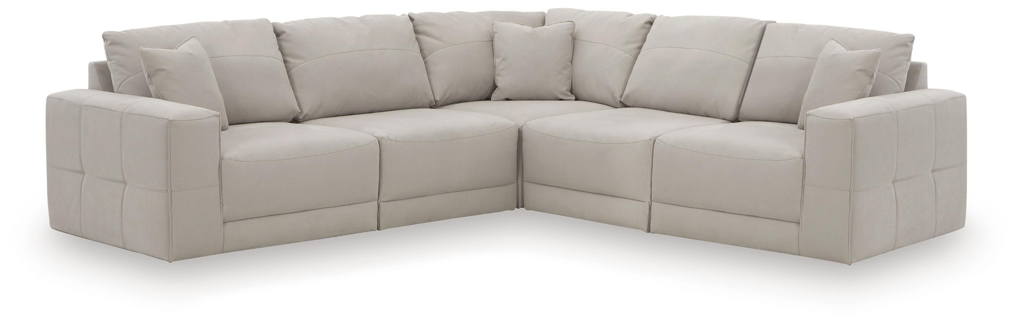 Light gray sectional sofa with chaise corner, deep seats and square boxed arms
