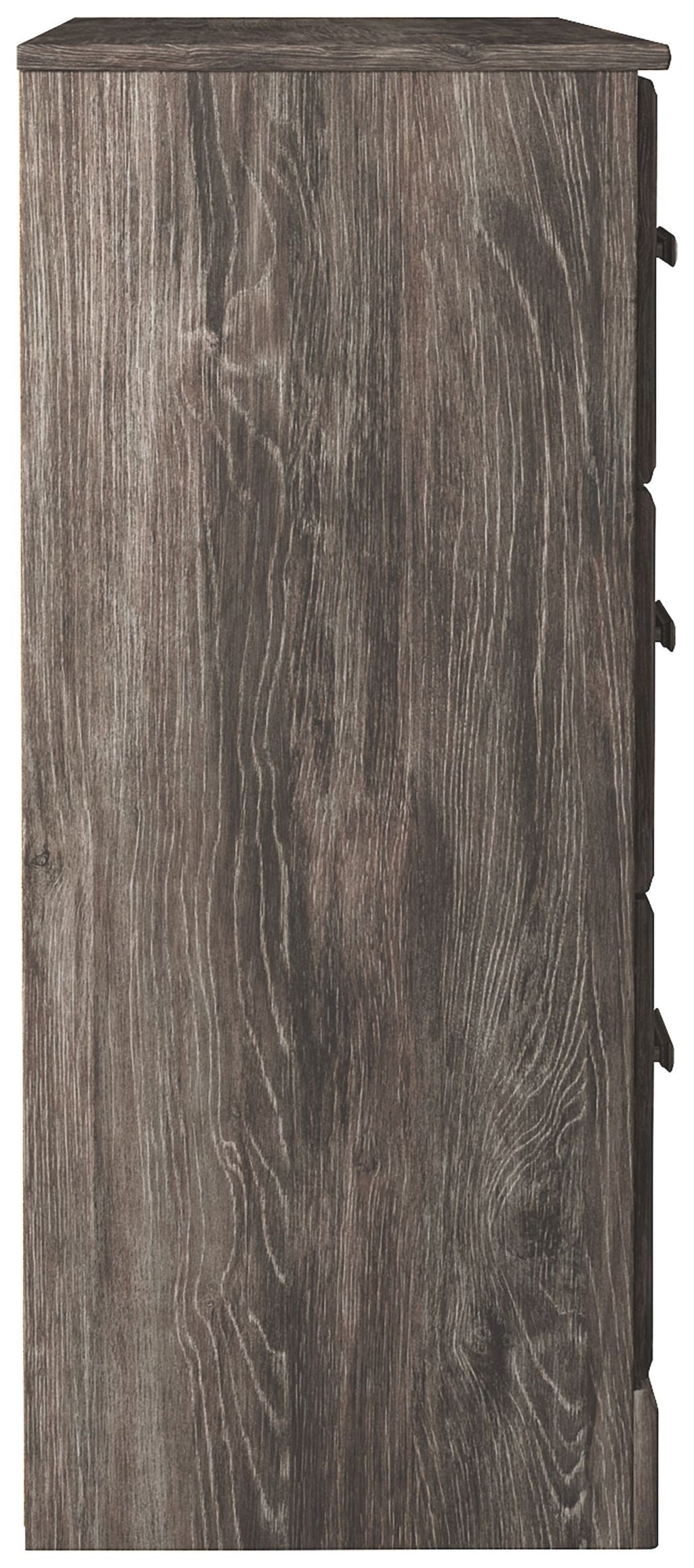 Gray dresser side panel with dark recessed hardware along the edge