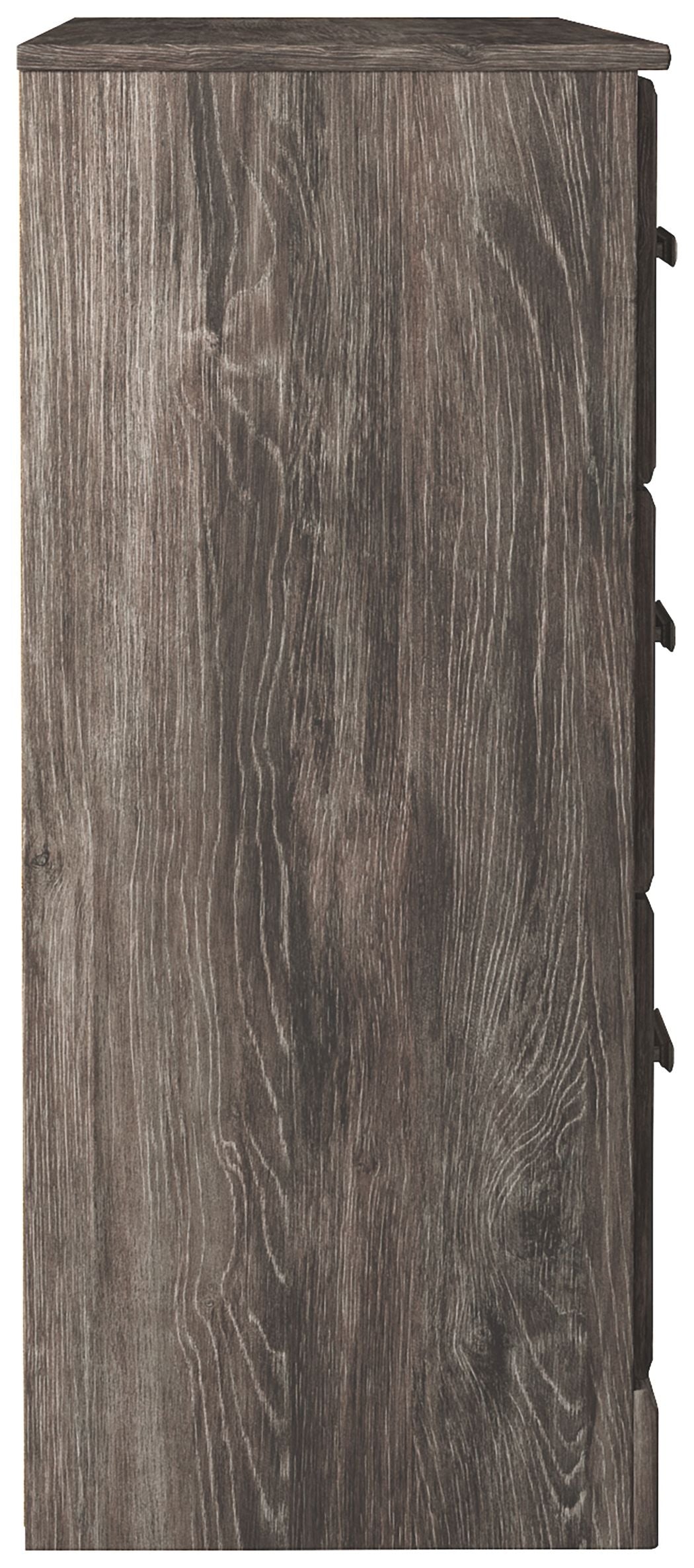 Gray dresser side panel with dark recessed hardware along the edge