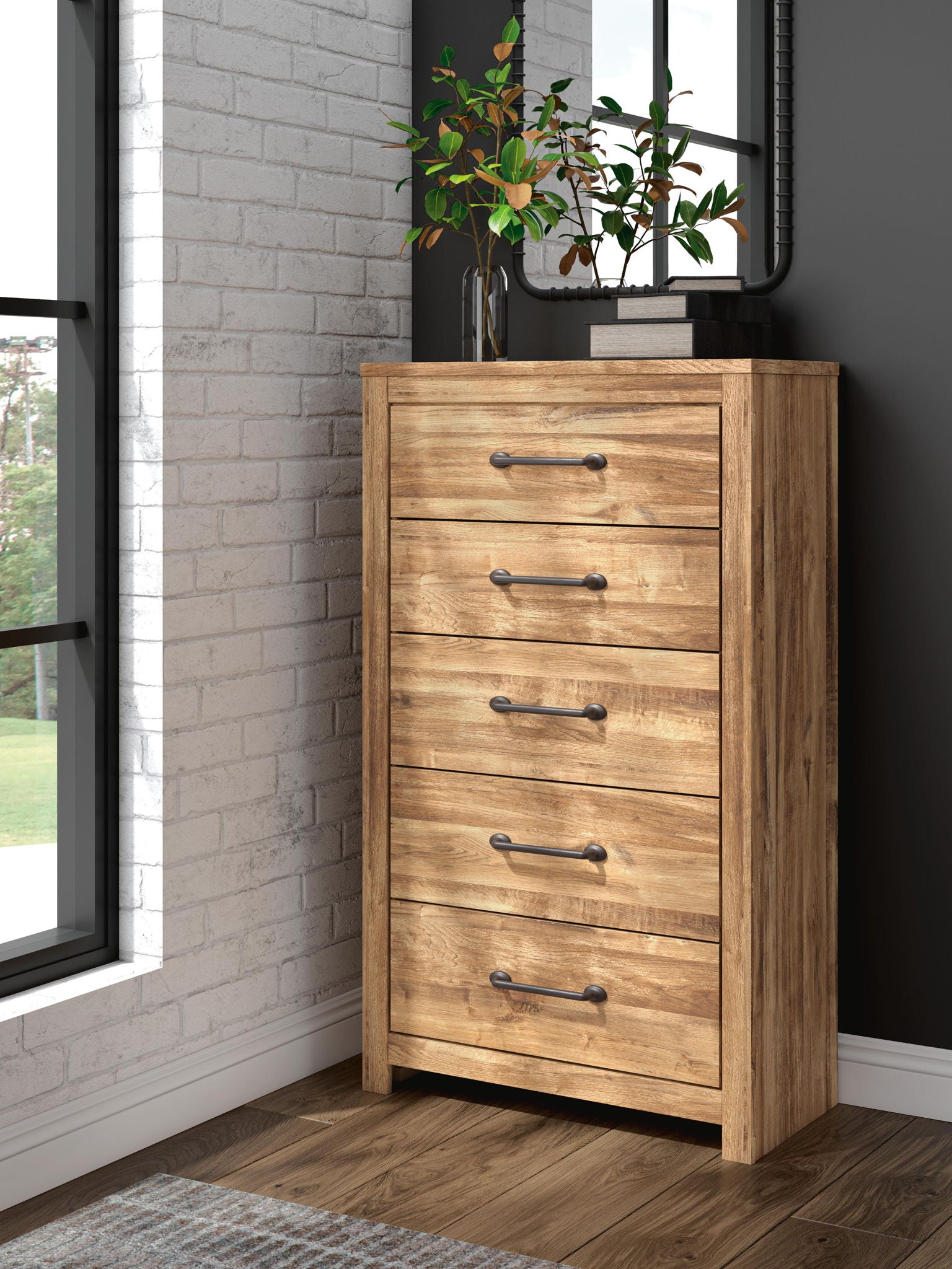 Brown five-drawer chest with black metal bar pulls on drawer fronts
