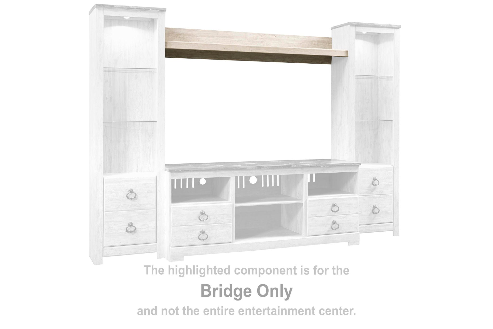 Whitewash wooden bridge cabinet with open shelf, cubby, and drawers