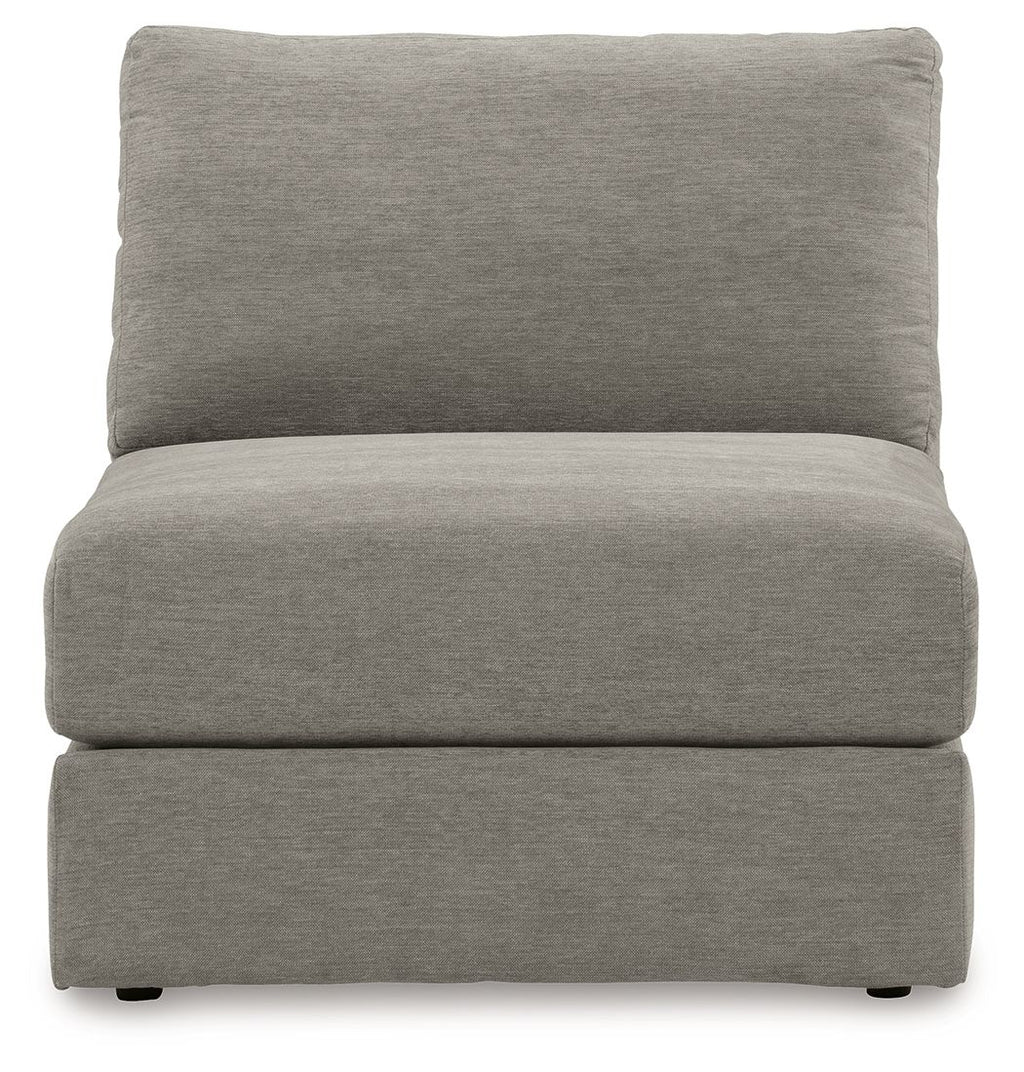 Ash gray armless chair with thick back cushion and cushioned block base
