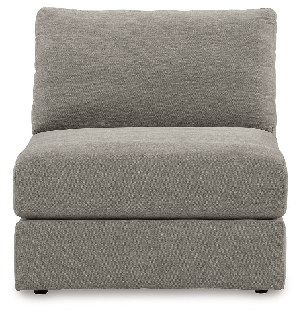 Ash gray armless chair with thick back cushion and cushioned block base