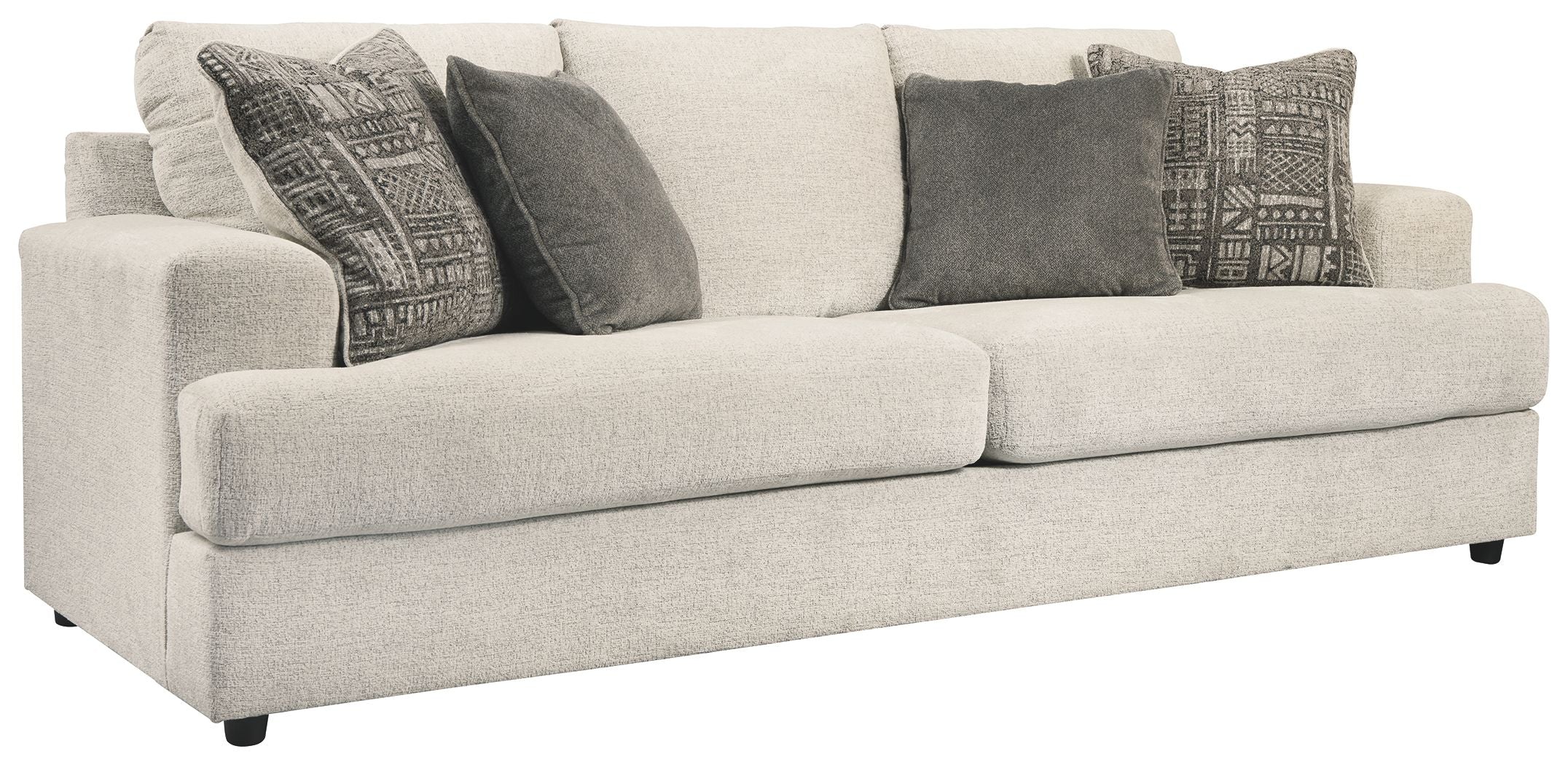 Soletren stationary sofa, light stone fabric with patterned front throw pillows