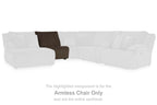 Chocolate-brown armless chair with ribbed upholstery and blocky seat, no armrests.