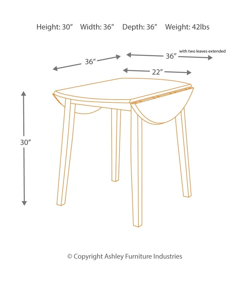 Round dining table top with slim legs; size measurements and arrows shown