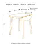 Round dining table top with slim legs; size measurements and arrows shown