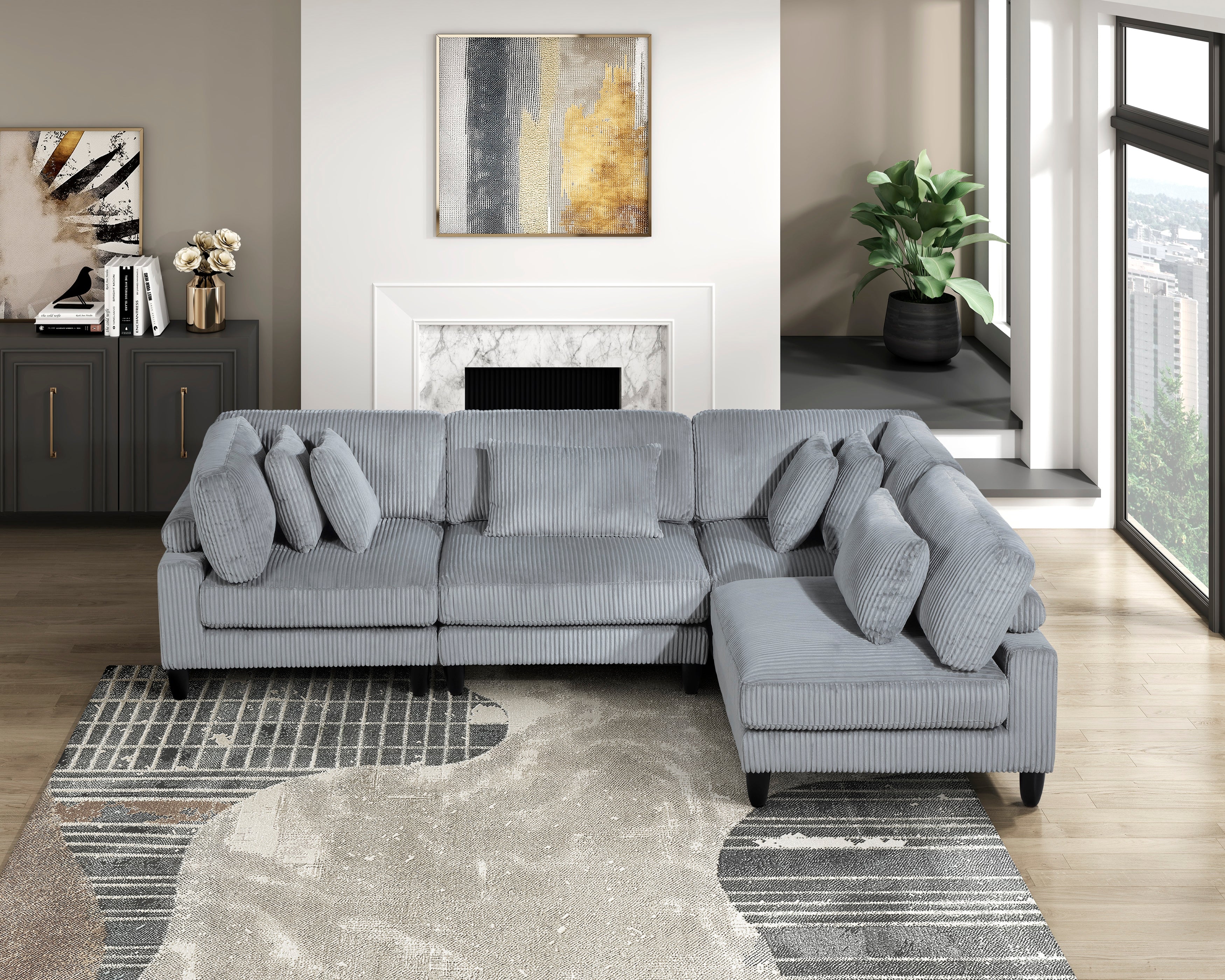 Living Room 4-Pc Gray Corduroy Modular Sectional Sofa Set