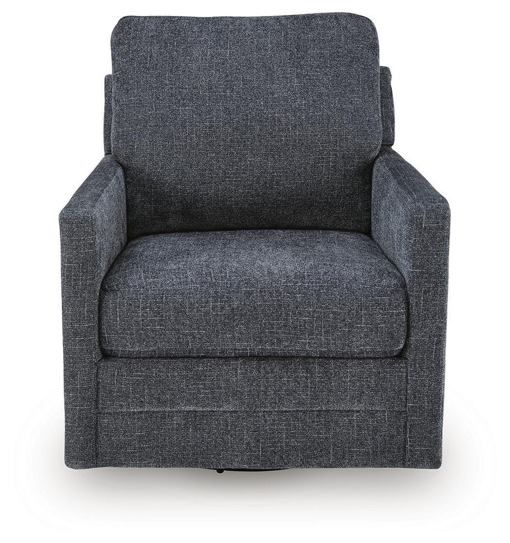 Dark gray swivel accent chair with padded arms and thick seat cushion.