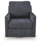 Dark gray swivel accent chair with padded arms and thick seat cushion.