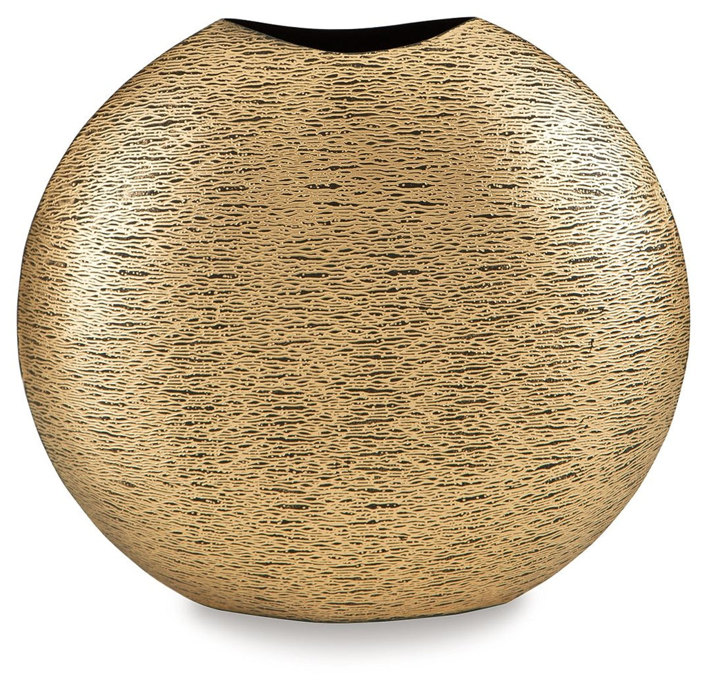 Gold textured vase, teardrop form with dark rim at the top