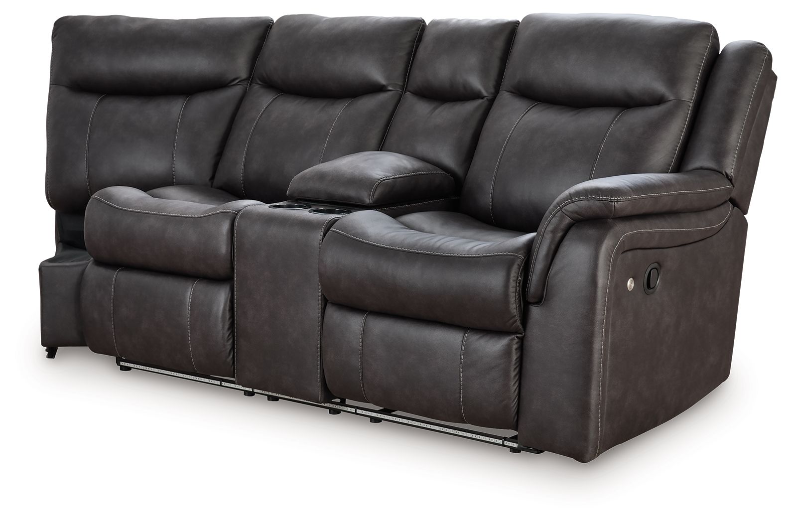 Reclining loveseat with deep cushioned seat, dark gray upholstery, contoured headrest