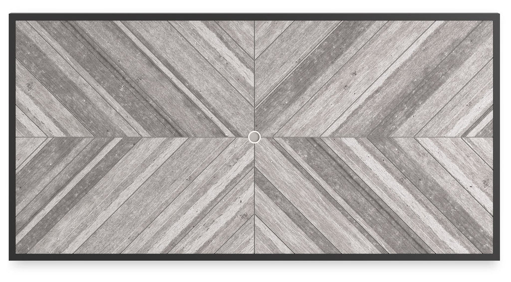 Rectangular dining table top with light gray wood-look panels and center hole