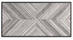 Rectangular dining table top with light gray wood-look panels and center hole