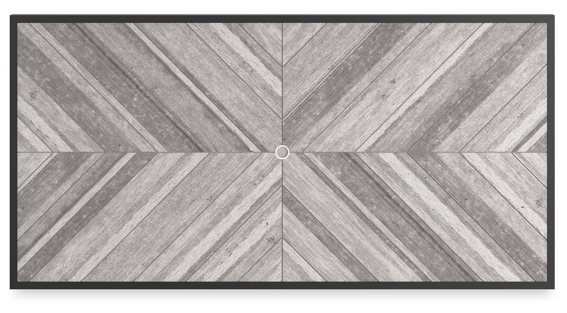 Rectangular dining table top with light gray wood-look panels and center hole