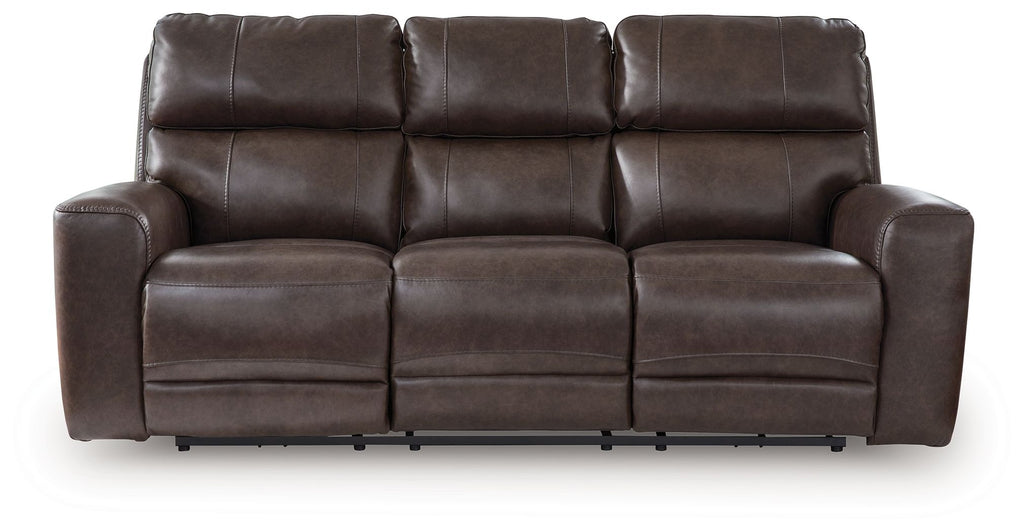 Three-seat power recline sofa with adjustable headrests in dark brown leather