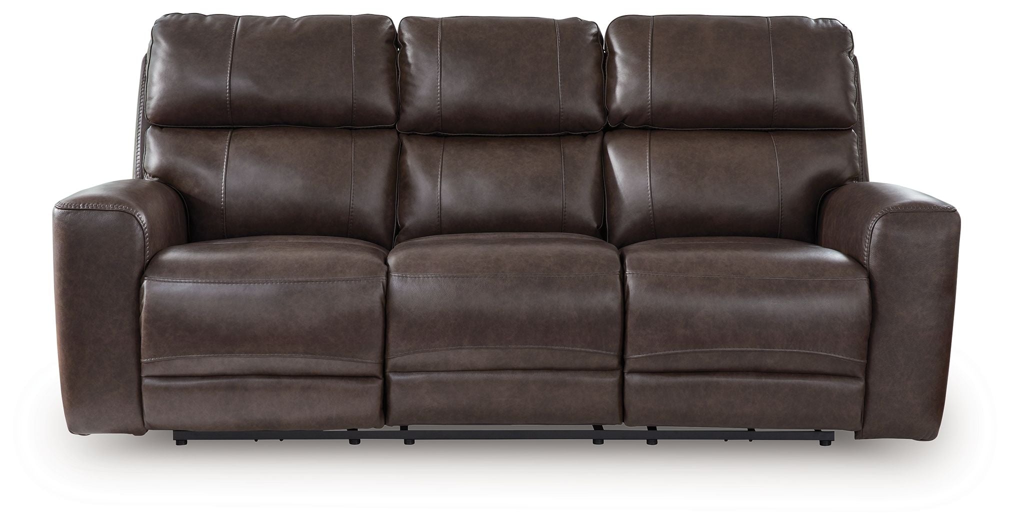 Three-seat power recline sofa with adjustable headrests in dark brown leather