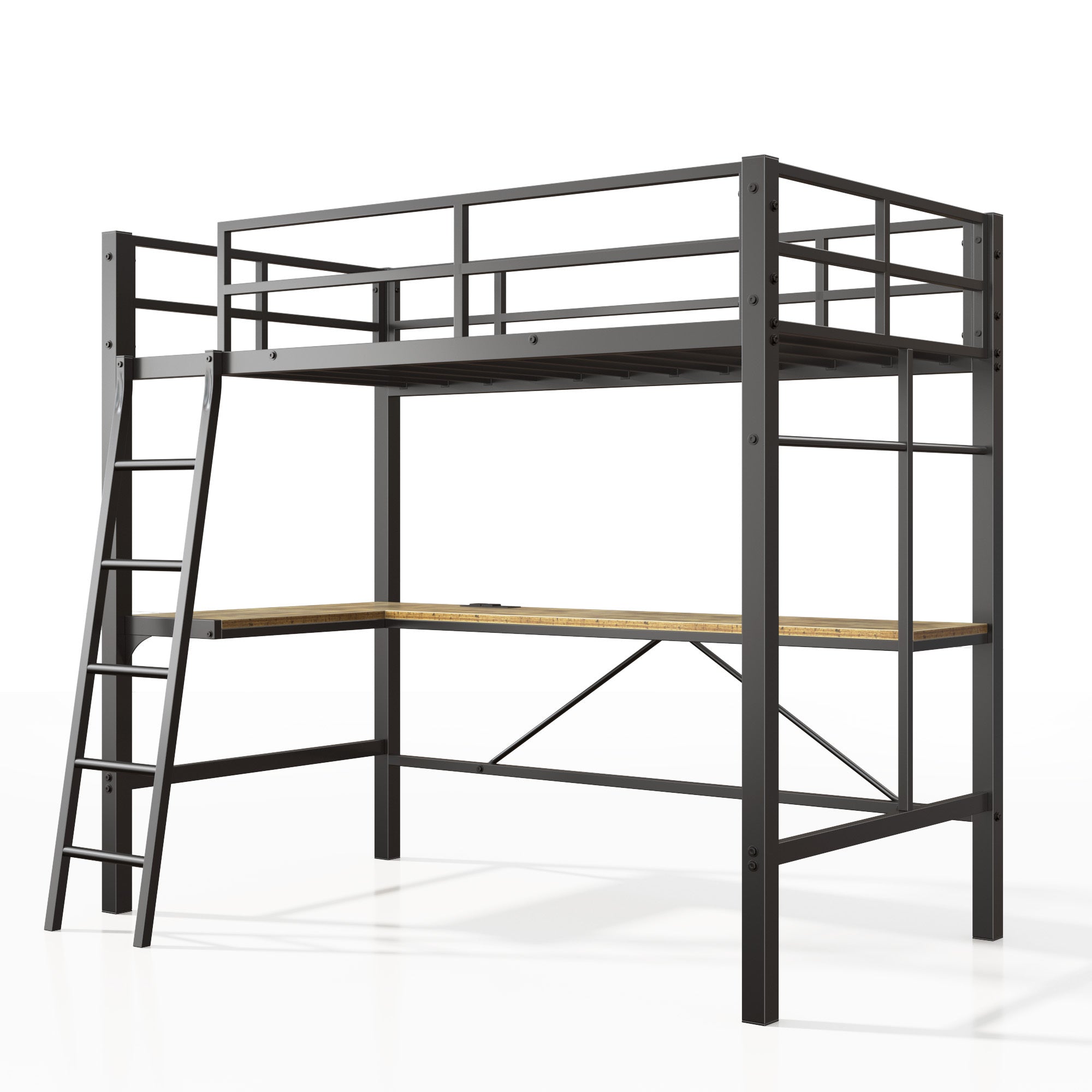 Twin Metal Loft Bed, L-Shaped Desk, Charging Station - Black