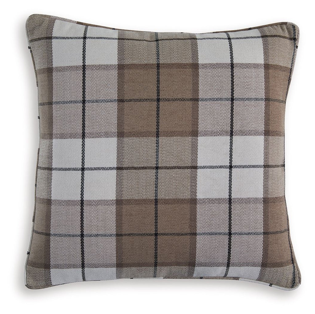 Plaid throw pillow cover in dark brown, gray, and cream with black check lines