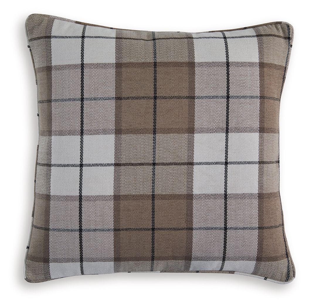Plaid throw pillow cover in dark brown, gray, and cream with black check lines