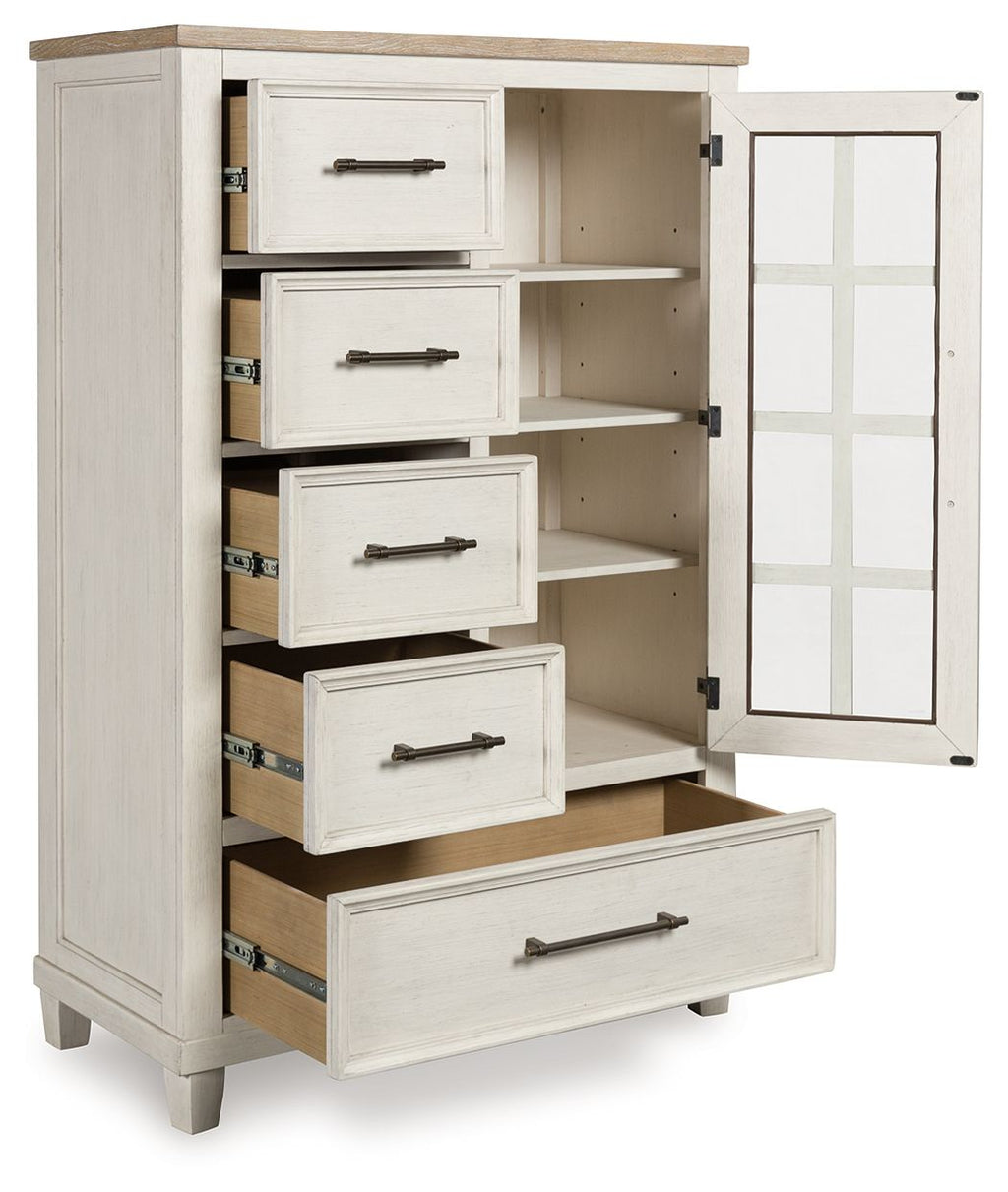 Antique white door chest open with interior shelves and four drawers, metal pulls
