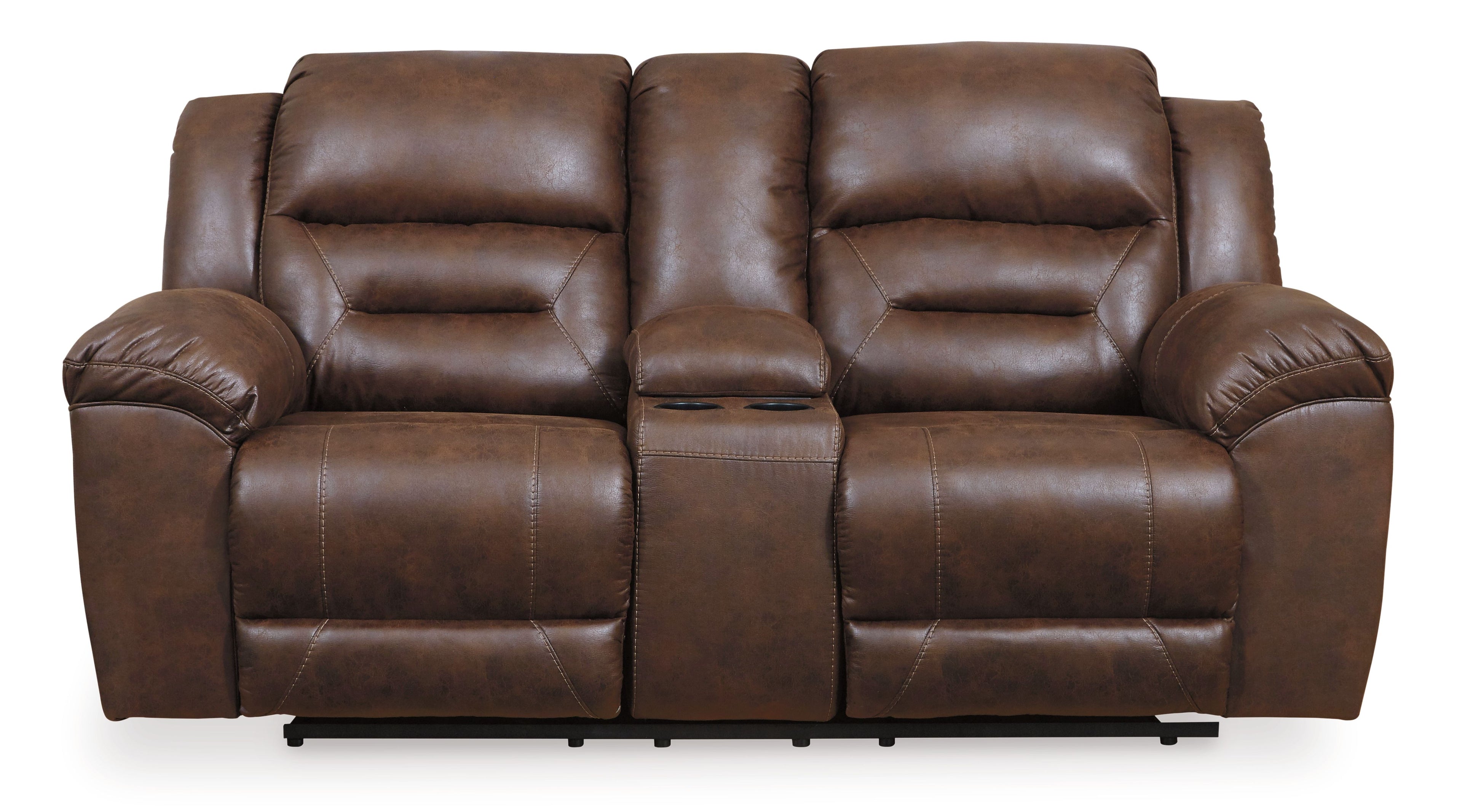 Reclining loveseat in dark brown leather, split back cushions and padded armrests