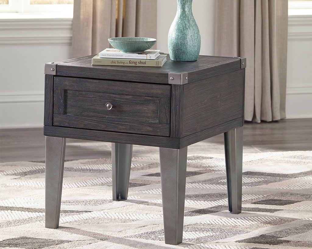 Dark gray rectangular end table with one drawer and squared legs