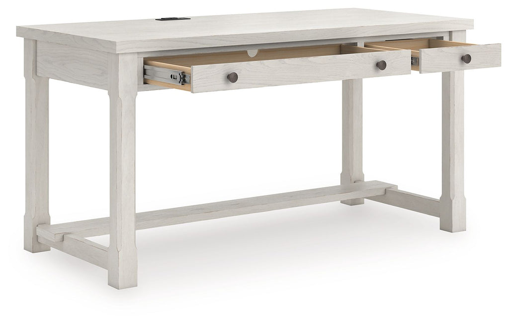 White home office desk with a flip-down drawer front and open center shelf