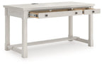 White home office desk with a flip-down drawer front and open center shelf