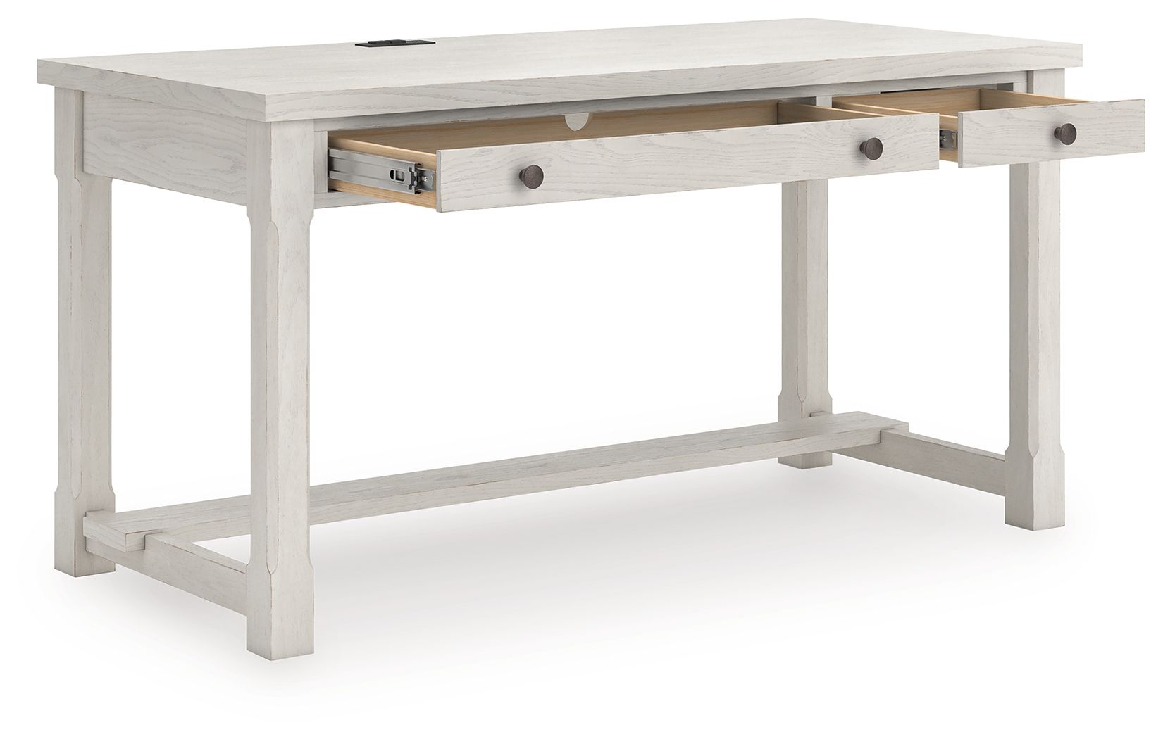 White home office desk with a flip-down drawer front and open center shelf