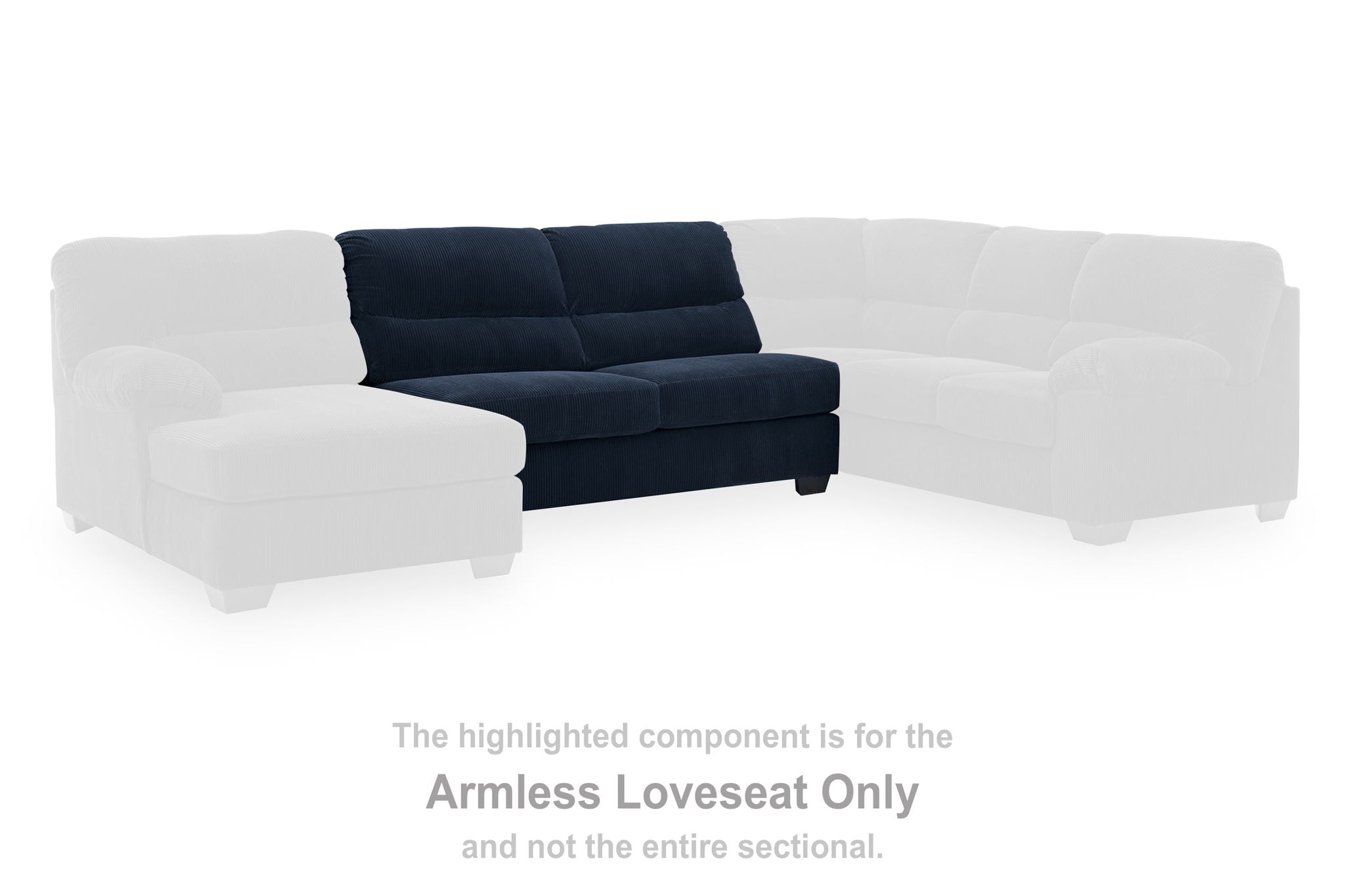 Navy armless loveseat component with thick seat, two back cushions, and tapered legs.
