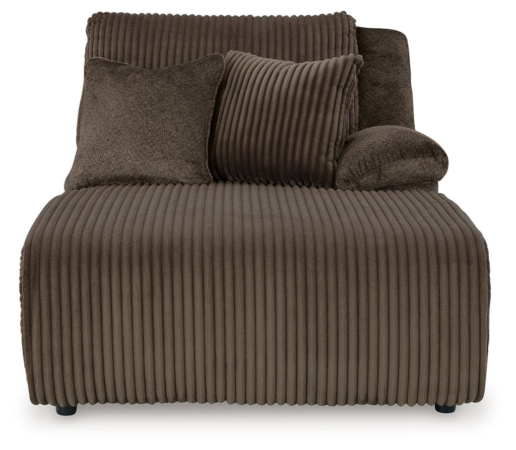 Chocolate ribbed press-back chaise with two front pillows and thick padded seat