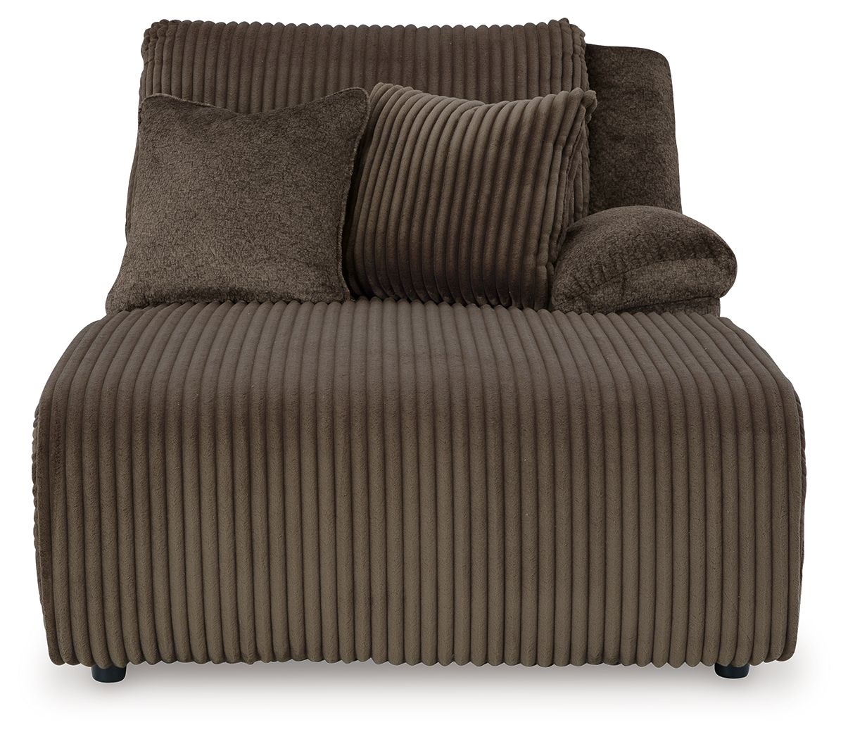 Chocolate ribbed press-back chaise with two front pillows and thick padded seat
