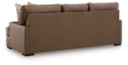 Caramel brown sofa with back cushions and square arms, showing the seat and base